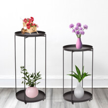 (Black) 2 Tier Metal Plant Stand Pack 2 Removable Tray Top
