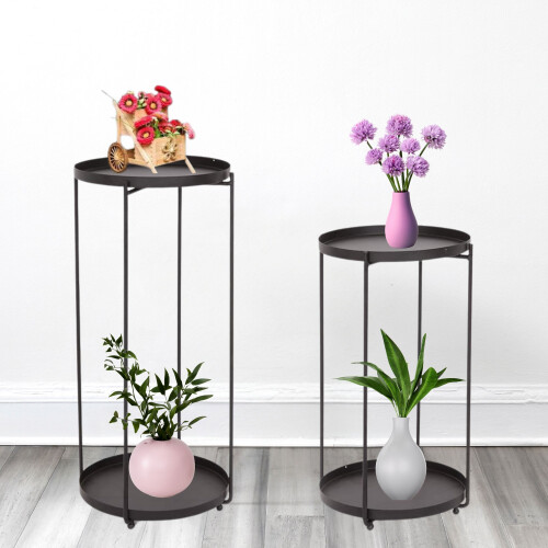 (Black) 2 Tier Metal Plant Stand Pack 2 Removable Tray Top