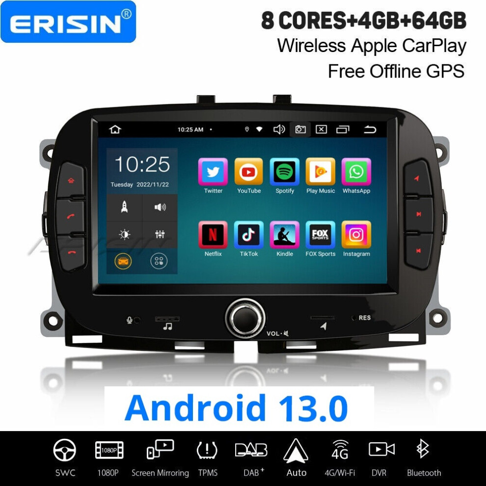 8-Core Android 12 Car Stereo For Fiat 500/500C/500S/500E Dab+ Gps Radio Carplay Dsp Bluetooth Wifi 4Gb+64Gb 737655237399
