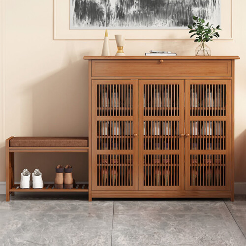 Living And Home Bamboo Entryway Storage Shoe Cabinet with Bench 2