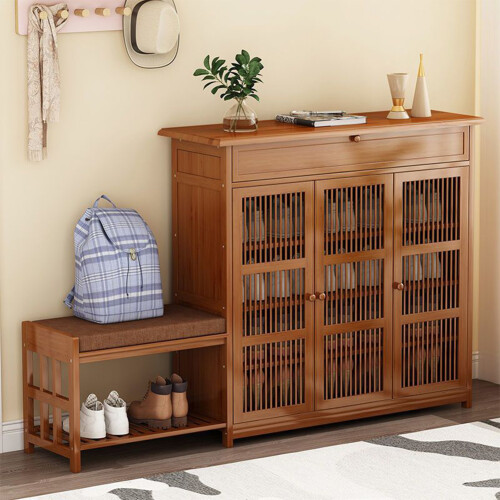 Living And Home Bamboo Entryway Storage Shoe Cabinet with Bench 1