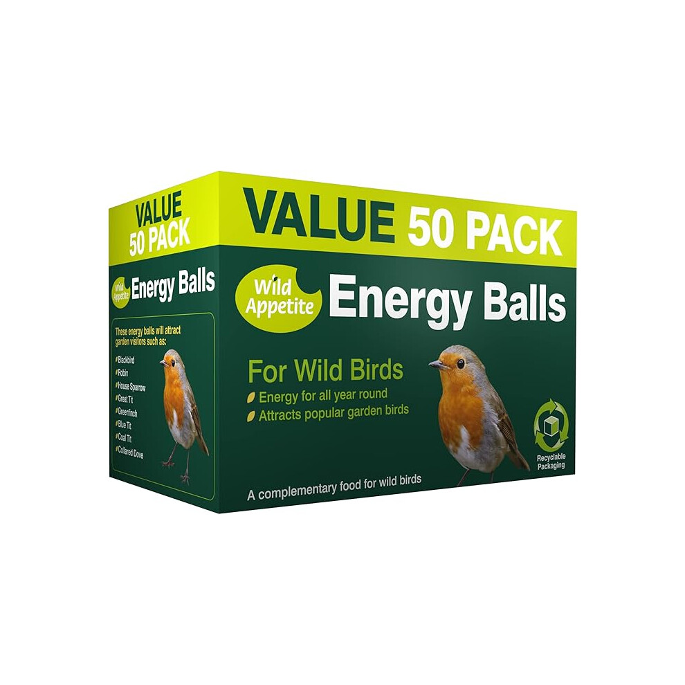 Wild Appetite Suet Energy Fat Balls Bird Food - Pack of 50, Green