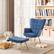 (Dark Blue) Upholstered Wingback Armchair with Footstool