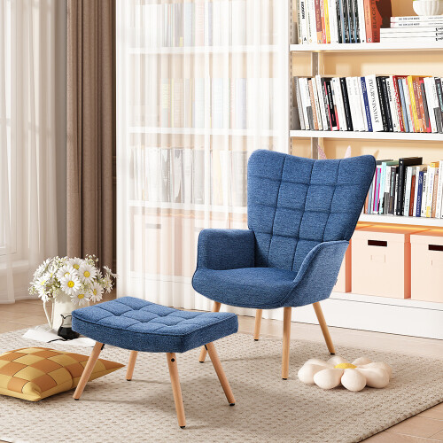 Living And Home (Dark Blue) Upholstered Wingback Armchair with Footstool