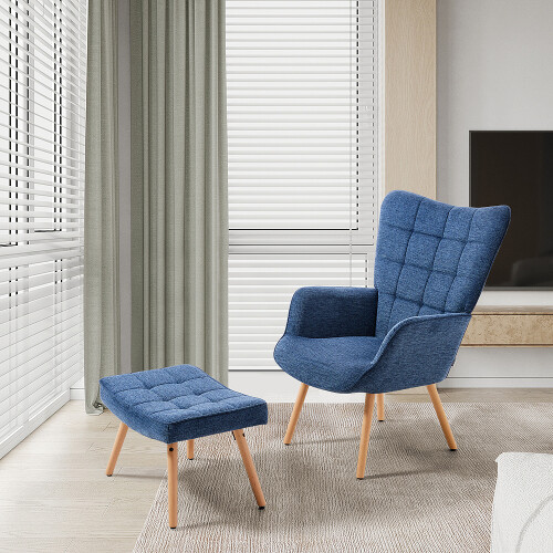 Living And Home (Dark Blue) Upholstered Wingback Armchair with Footstool 2