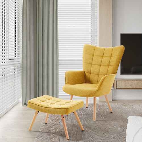 Living And Home (Yellow) Upholstered Wingback Armchair with Footstool 2