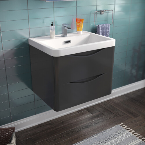 Grey Wall Hung Vanity Unit Sink with Tall Storage Cabinet Basin | Merton 1