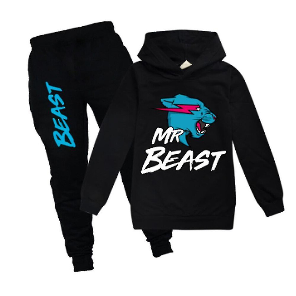 (5-6yYears(120), Black) 7-14 Years Kids Boys Girls Mr Beast Lightning Cat Casual Hoodies+pants Suit Tracksuit Outfits Sets Gifts