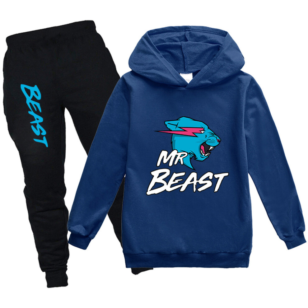 (9-10yYears(140), Navy) 7-14 Years Kids Boys Girls Mr Beast Lightning Cat Casual Hoodies+pants Suit Tracksuit Outfits Sets Gifts