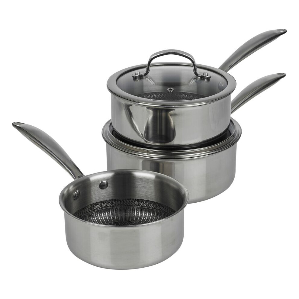 (18+20cm Saucepan+16cm Milkpan) HEXTEC Laser Etched Honeycomb Non Stick Stainless Steel Cookware Pots & Frying Pan Sets with Stay Cool Handles