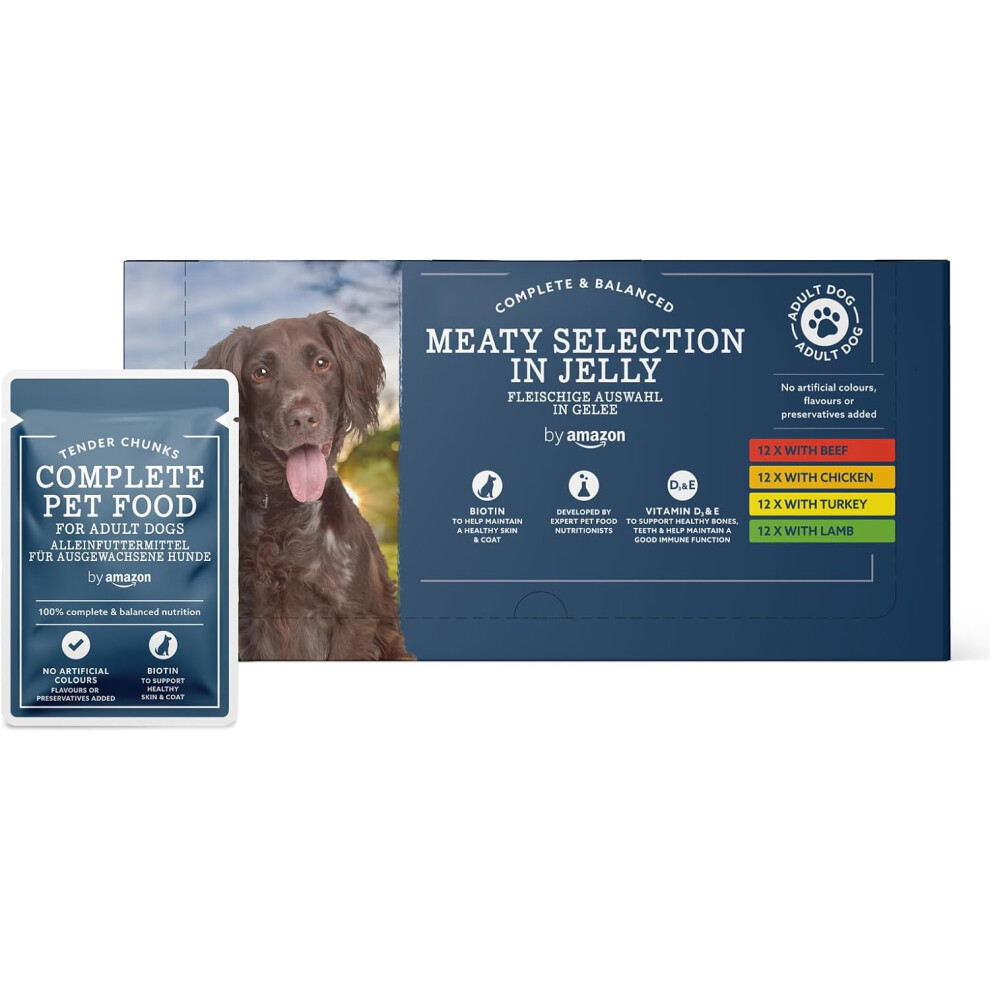 by Amazon Complete Food for Adult Dogs, Meat Selection In Jelly, 4.8 kg (48 Packs of 100g)