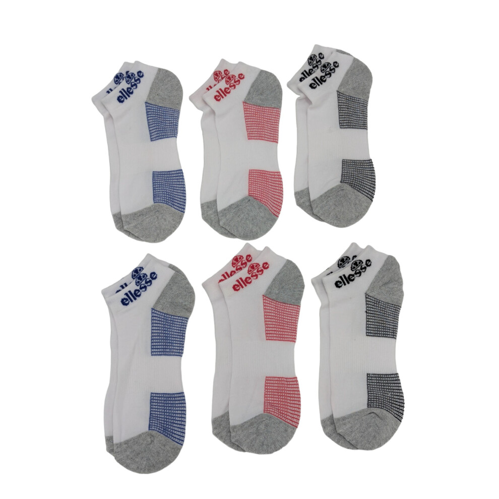 (White and Grey, UK 7-11) ELLESSE Mens Low Cut 6 Pack Soft Sports Trainer Socks