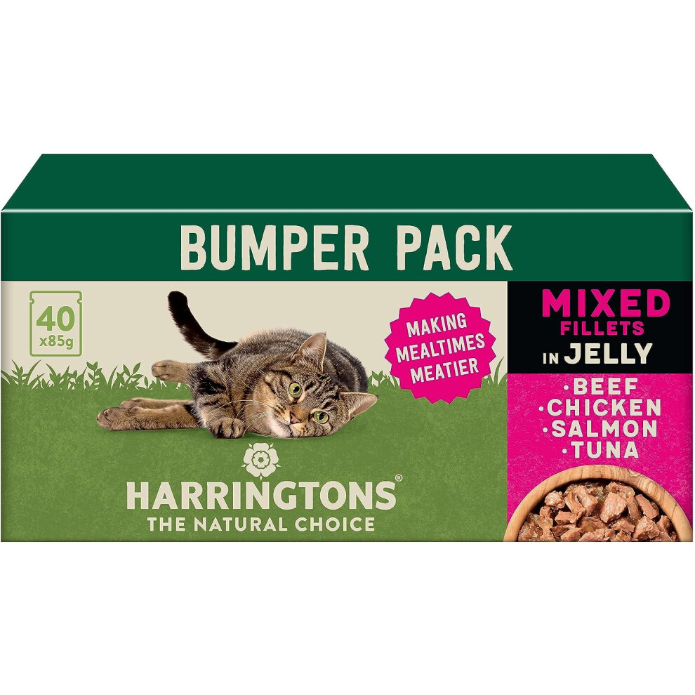 Harringtons Complete Wet Pouch Grain Free Hypoallergenic Adult Cat Food Mixed in Jelly Pack 40x85g  Beef Chicken Salmon Tuna Making Mealtimes Meatier