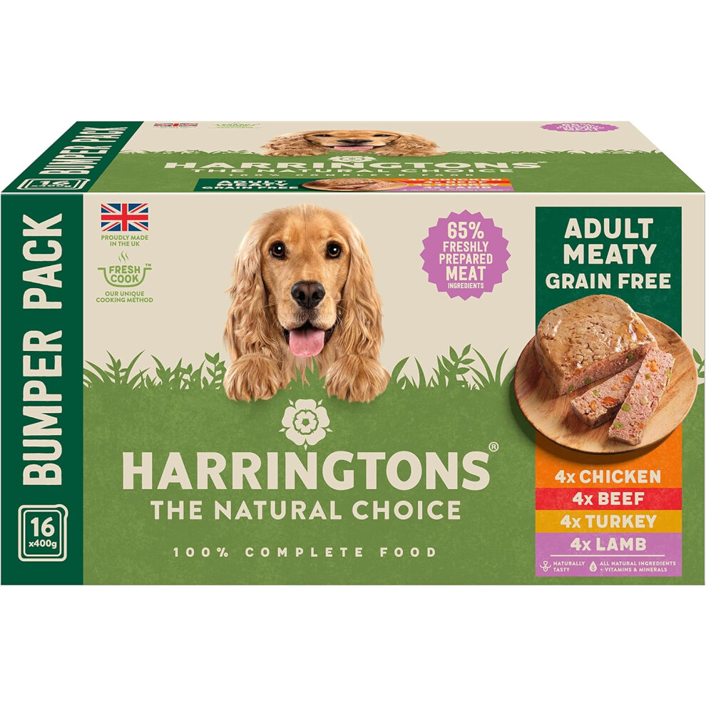 Harringtons Grain Free Hypoallergenic Wet Dog Food Meaty Pack 16x400g - Chicken, Lamb, Beef & Turkey - All Natural Ingredients (Packing may vary)