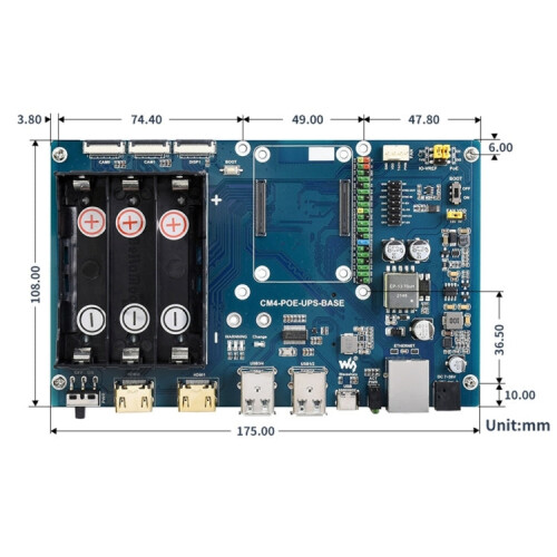 Waveshare PoE UPS Base Board for Raspberry Pi CM4, Gigabit Ethernet, Dual HDMI, Quad USB2.0 2