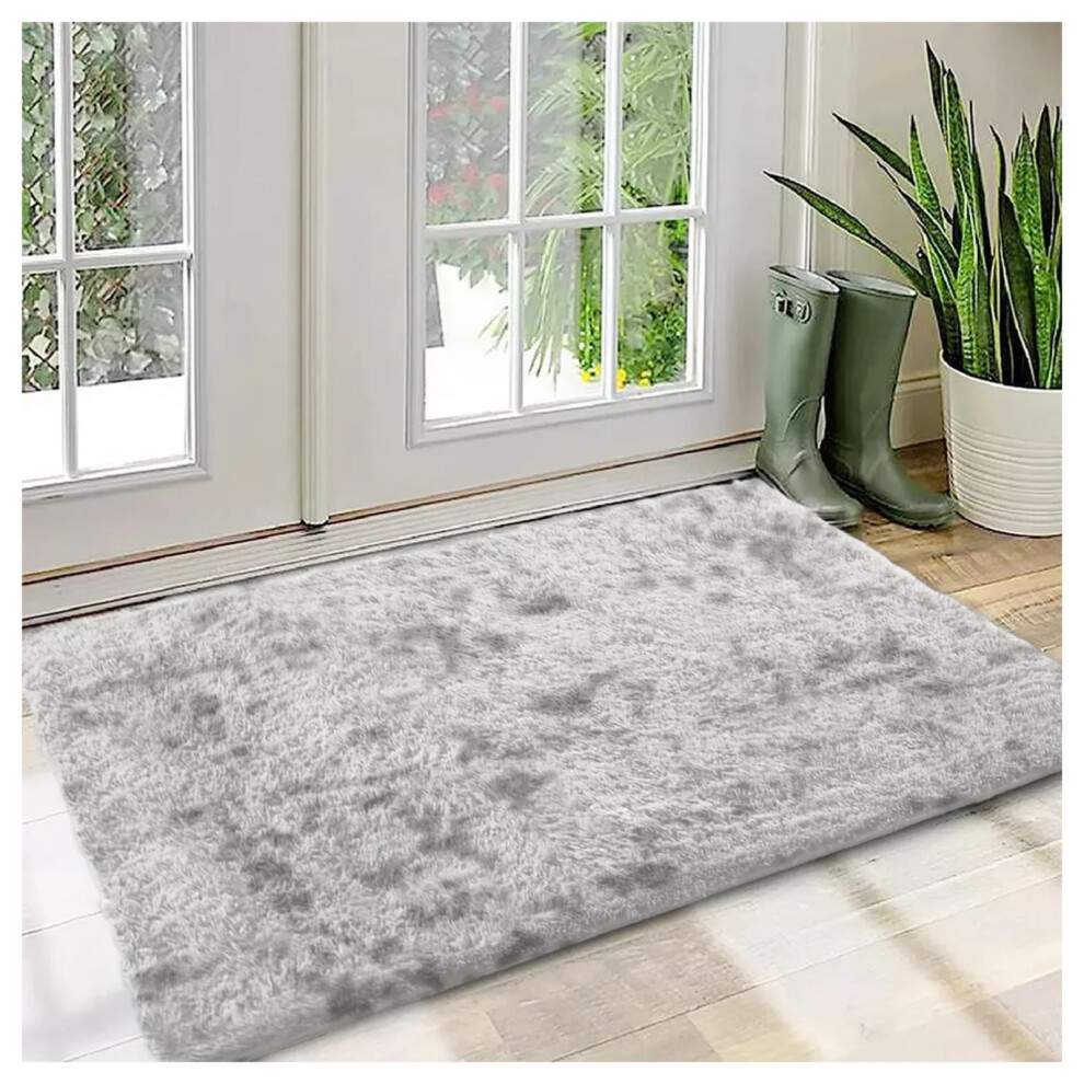 (50 x 80 cm (1ft 6in x 2ft 6in)- Small Door Mat/Bath Mat, Tie Dye- Light Grey Rug) Large Shaggy Fluffy Rugs Living Room Rug Carpet