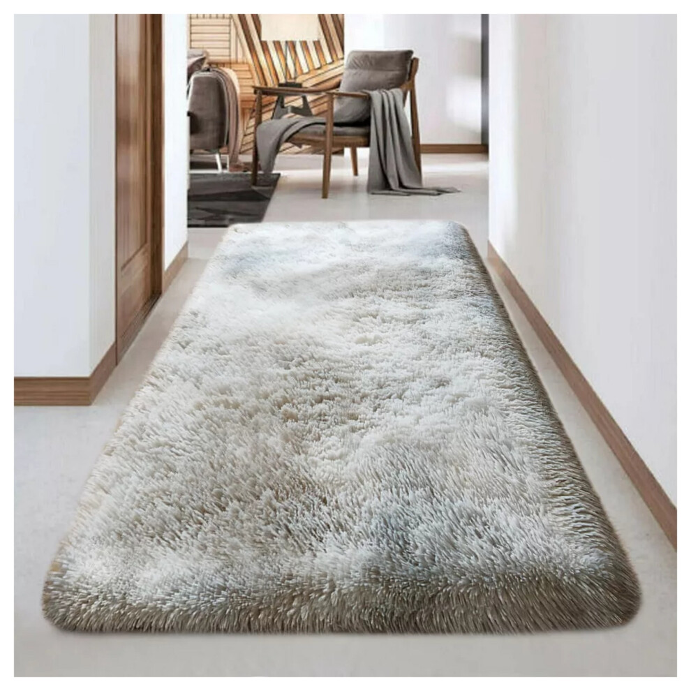 (80 x 150 cm (2ft 8in x 5ft)- Large Runner Rug, Tie Dye- Light Grey Rug) Large Shaggy Fluffy Rugs Living Room Rug Carpet