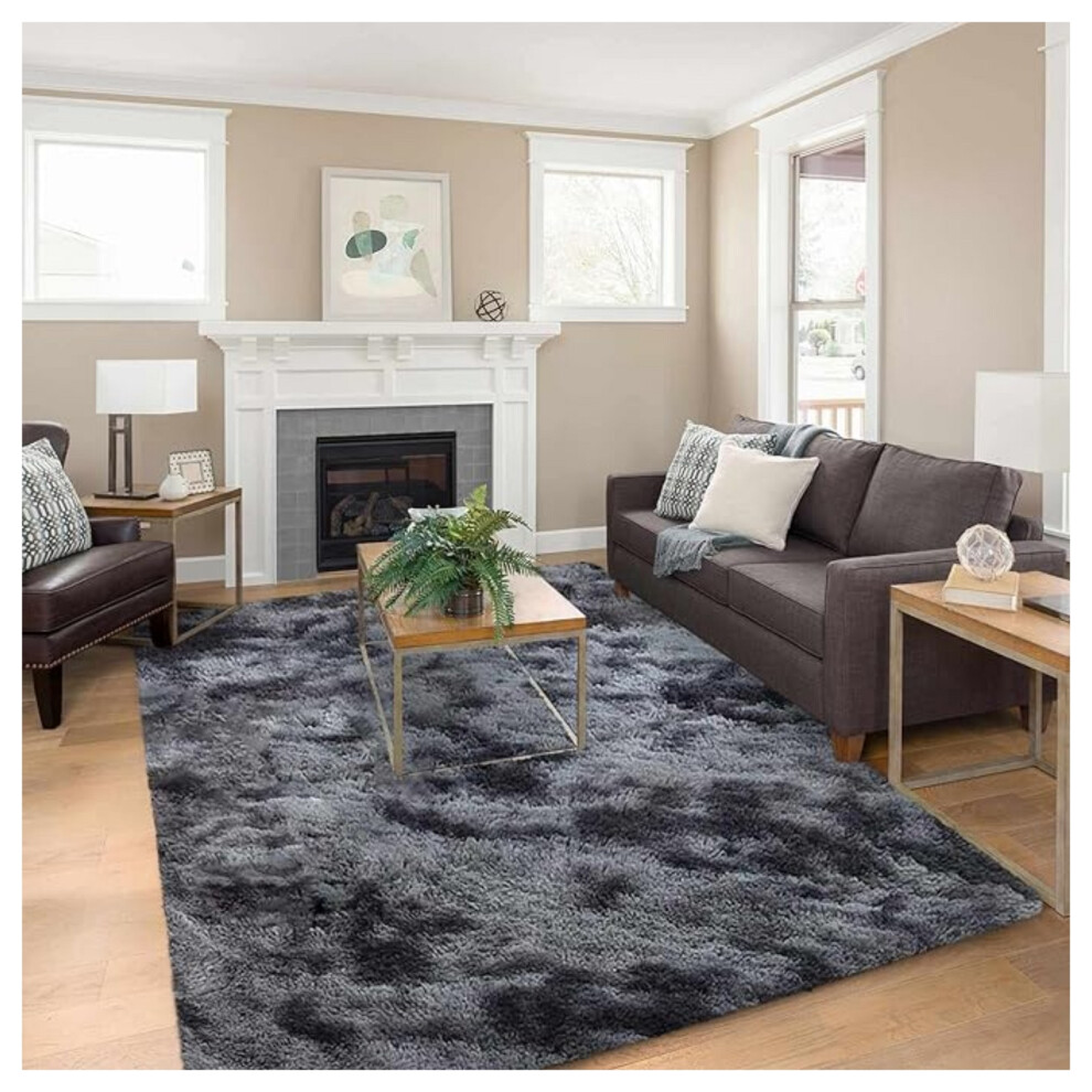 (160 x 230 cm (5ft 4in x 7ft 8in)- Large Area Rug, Tie Dye- Grey Rug) Large Shaggy Fluffy Rugs Living Room Rug Carpet