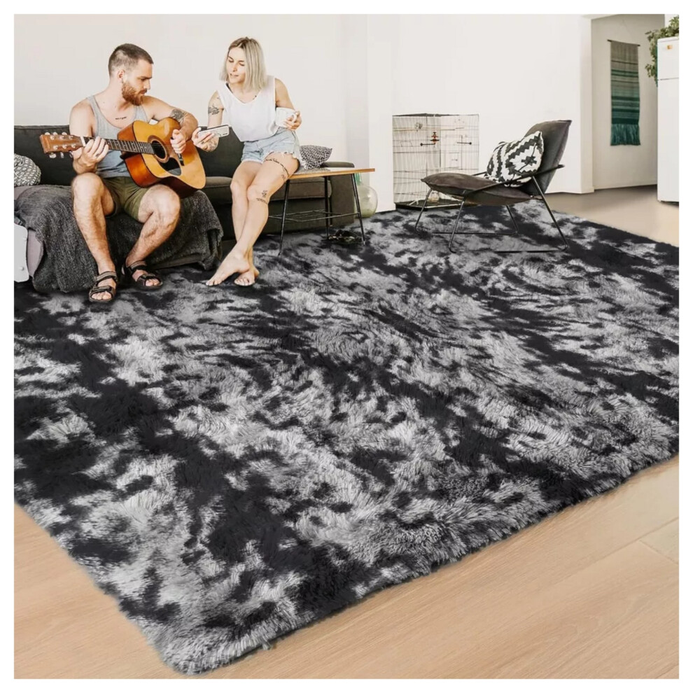 (200 x 290 cm (6ft 8in x 9ft 7in)- Extra Large Area Rug, Tie Dye- Grey Rug) Large Shaggy Fluffy Rugs Living Room Rug Carpet