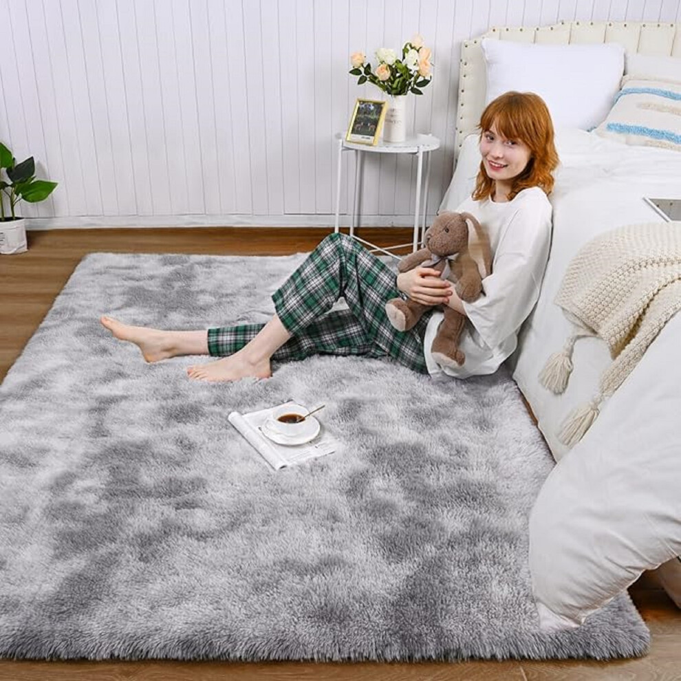 (120 x 170 cm (4ft x 5ft 8in)- Small Area Rug, Tie Dye- Light Grey Rug) Large Shaggy Fluffy Rugs Living Room Rug Carpet
