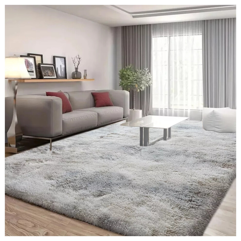 (200 x 290 cm (6ft 8in x 9ft 7in)- Extra Large Area Rug, Tie Dye- Light Grey Rug) Large Shaggy Fluffy Rugs Living Room Rug Carpet