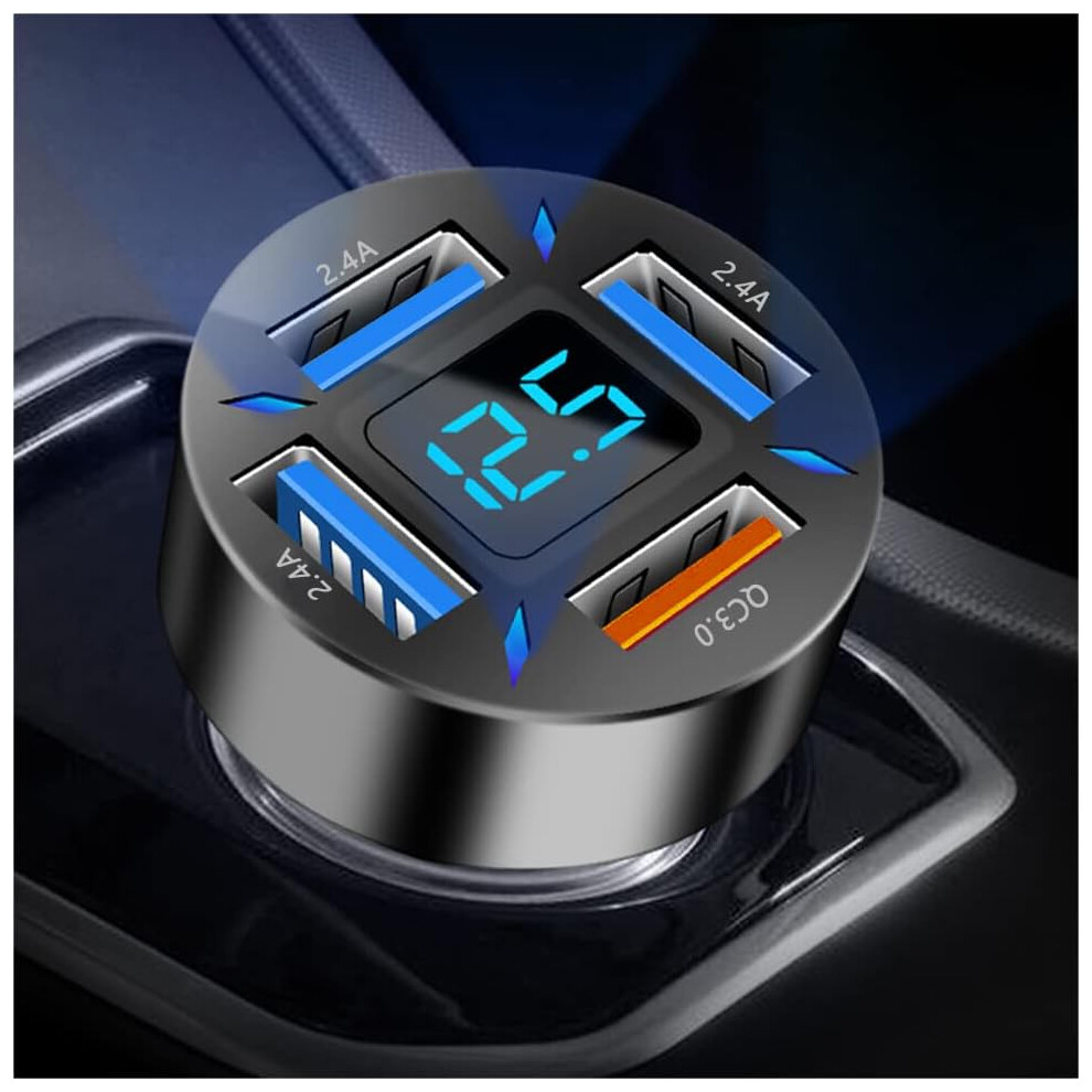 4-In-1 Car Charger 66W Super Fast Charging With Usb 2.4A&Qc 3.0(Voltmeter&Led Lights) Universal Quick Charge For 12-24V Car Cigarette Lighter Plug,Com 7386060608909