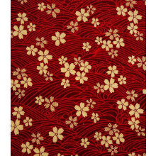 (Golden Gilded Fabric Flowers On Maroon/Burgundy, 1/2 Meter) Japanese 100% Cotton Gilded Fabric