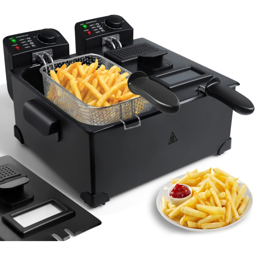 (6 Litre) Deep Fat Fryer with Dual Tanks, Large Deep Fryers with Viewing Window, 6 Litres, 2 Chip Baskets and Lids, Adjustable Temperature Control