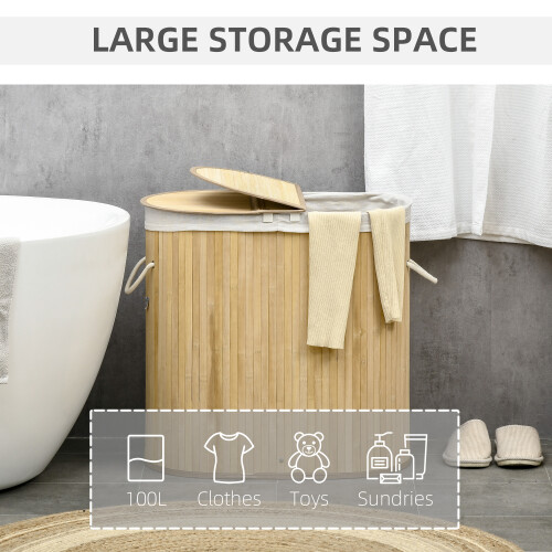Homcom HOMCOM 100L Bamboo Laundry Basket w/ 2 Compartments Washing Baskets Natural 2