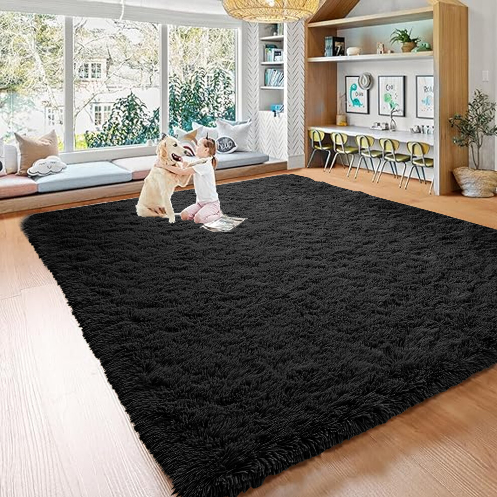 (200cm x 290cm (6ft 8" x 9ft 7"), Black) Extra Large Rug Soft Shaggy Living Room Carpet Mat