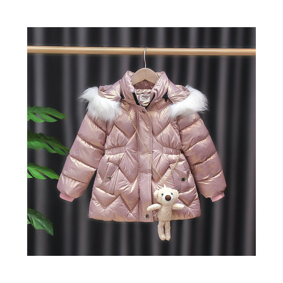 (Pink, 3-4Years) Kids Girl Winter Coat Fur Hooded Parka Jacket Warm