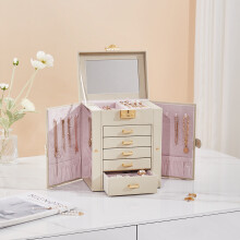 (White) Faux Leather Large Jewellery Storage Box with Mirror