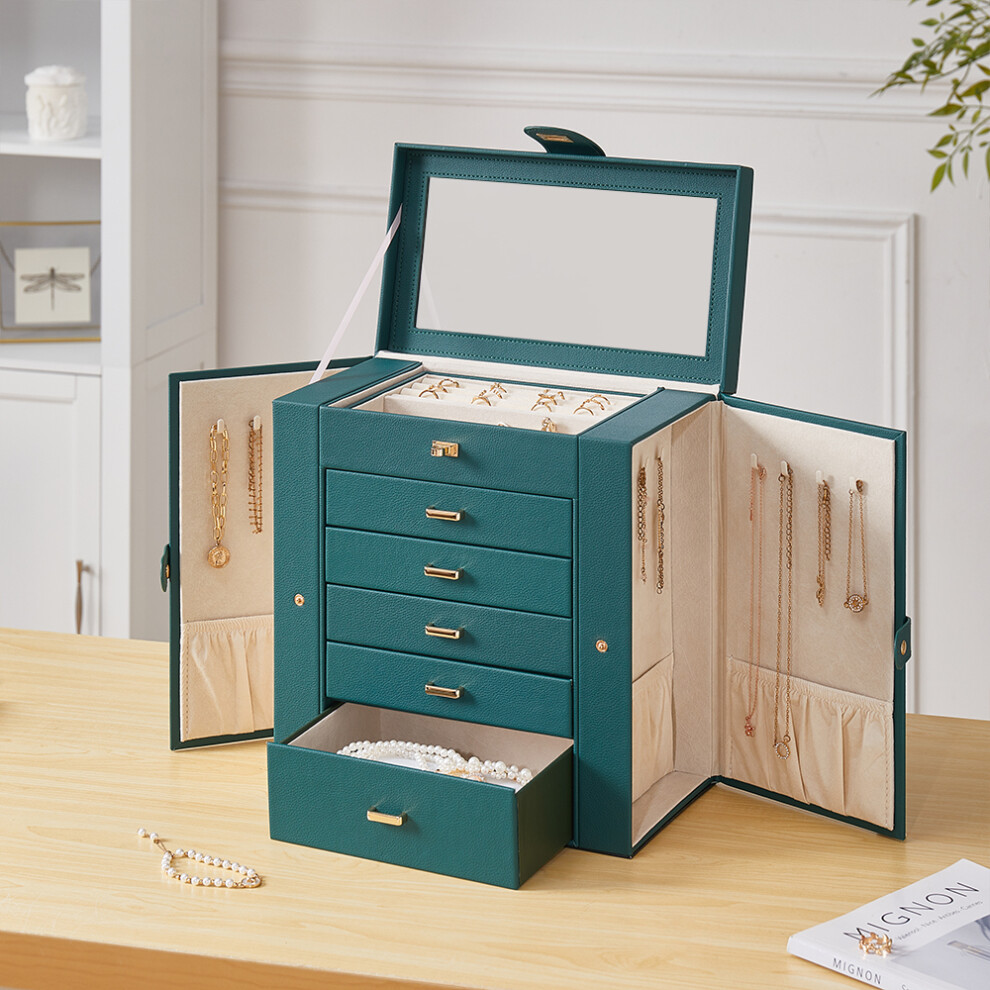 (Green) Large Jewellery Box with Drawers and Mirror