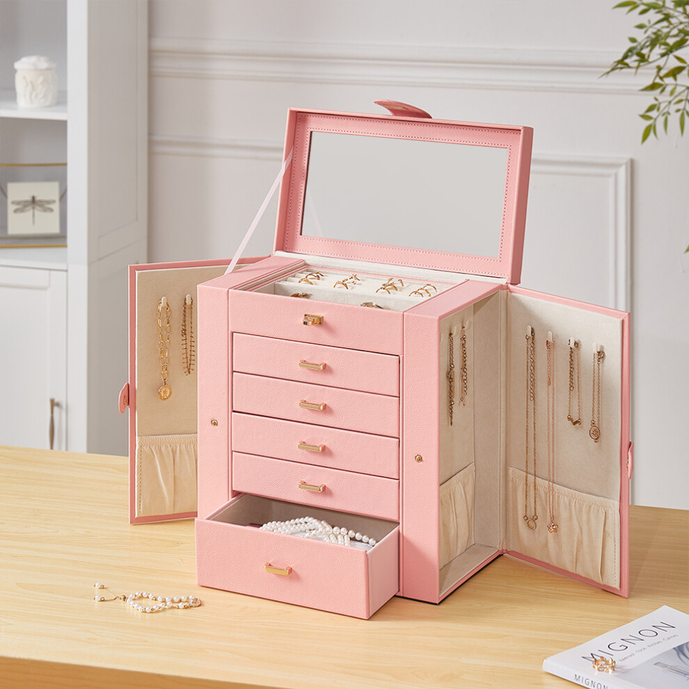 (Pink) Large Jewellery Box with Drawers and Mirror
