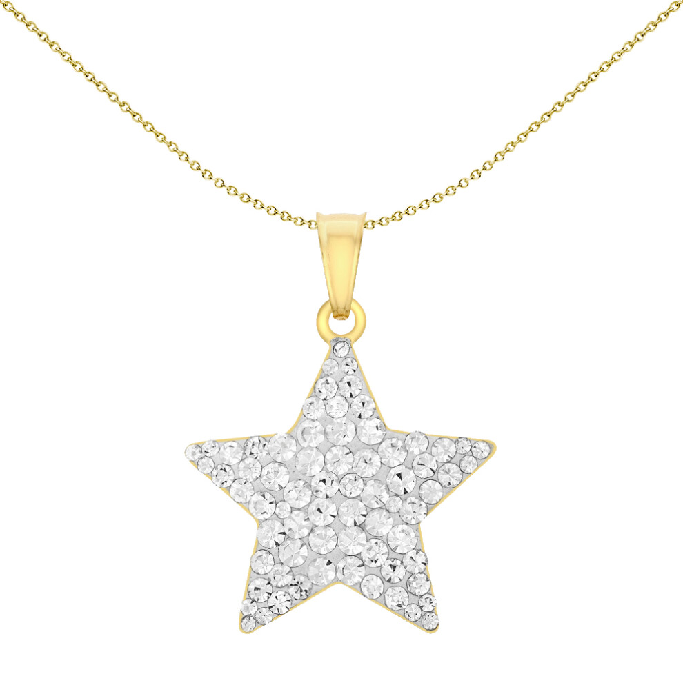 Jewelco London Women's 9ct Gold White Round Crystal Encrusted 5 Pointed Super Star Charm Pendant Necklace - 1-62-9812