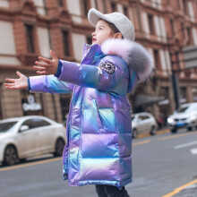 (Purple, 130 for 5-6T) Boys Girls Jacket Long Style Hooded Fur Collar Colorful Heavy Coat