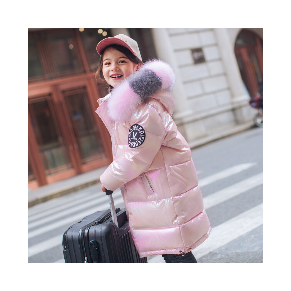 (Pink, 140 For 7-8T) Boys Girls Jacket Long Style Hooded Fur Collar Colorful Heavy Coat