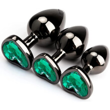 (Green) 3Pcs Luxury Metal Butt Toys Heart Shaped Anal Trainer Jewel Butt Plug Kits SM Adult Gay Anus Anal Plugs Woman Men