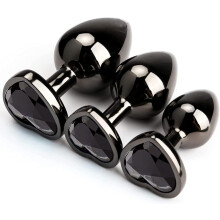 (Black) 3Pcs Luxury Metal Butt Toys Heart Shaped Anal Trainer Jewel Butt Plug Kits SM Adult Gay Anus Anal Plugs Woman Men
