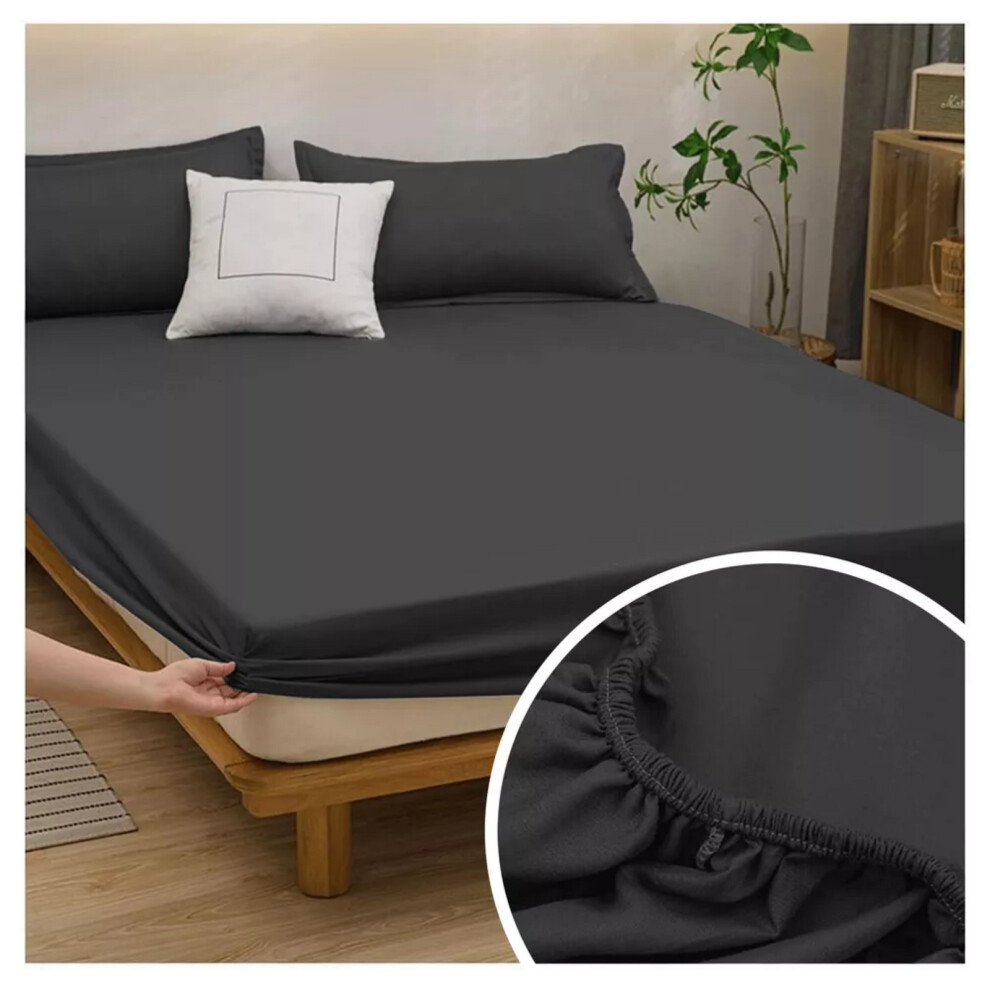 (Charcoal, Double) Fitted Bed Sheets Single Double King 40cm Deep