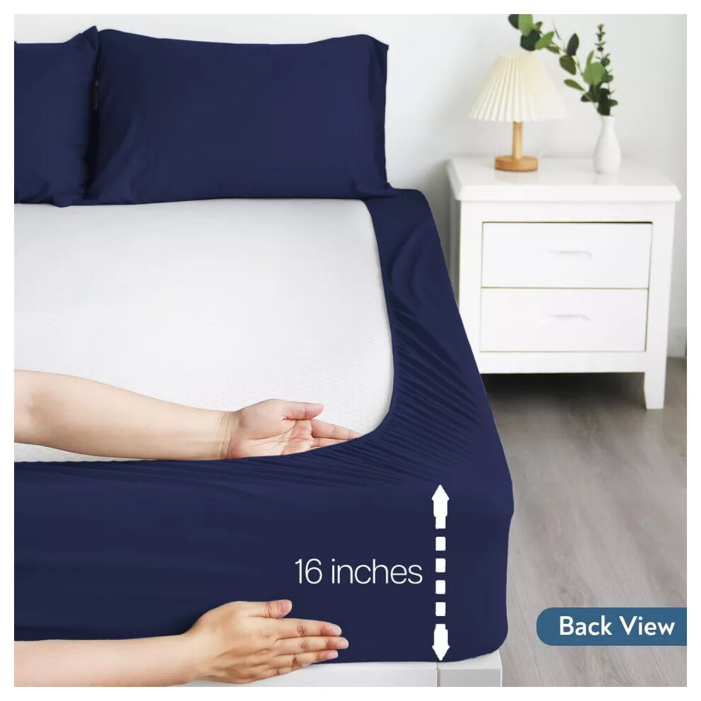 (Navy, King) Fitted Bed Sheets Single Double King 40cm Deep