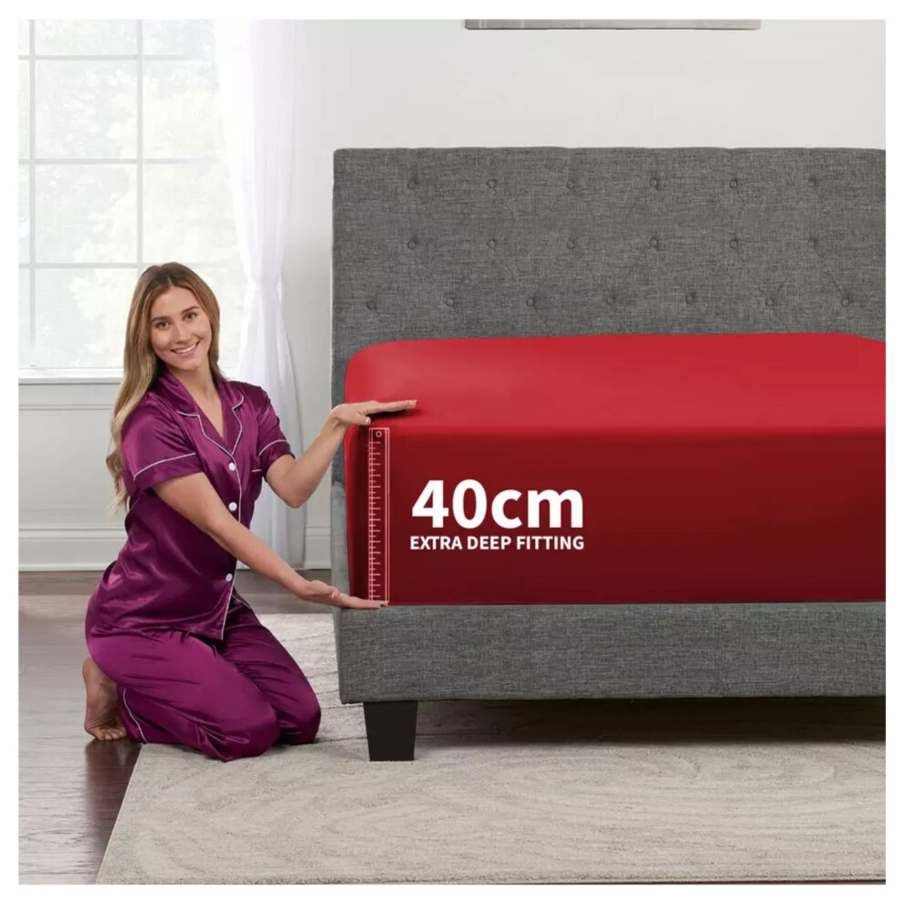 (Red, Super King) Fitted Bed Sheets Single Double King 40cm Deep