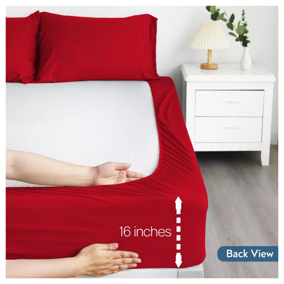 (Red, Single) Fitted Bed Sheets Single Double King 40cm Deep