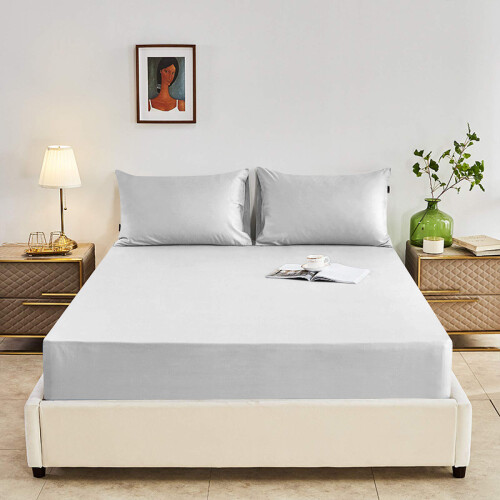 (Single, Silver) Poly Cotton Fitted Bed Sheet 25cm Deep Luxury Soft