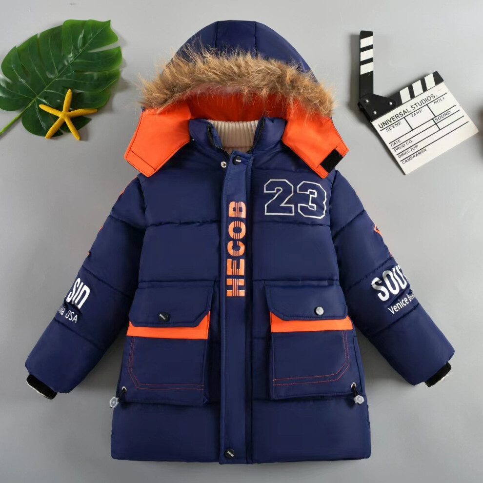 (Blue, 9-10Years) Kids Boys Coat Fur Hooded Parka Jacket Warm Fleece