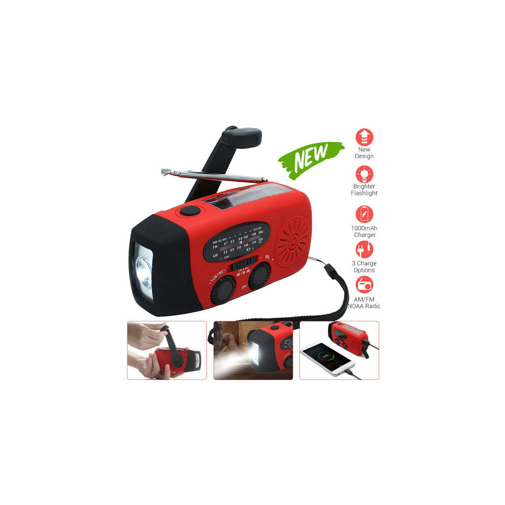 Hand Crank Dynamo Wind Up Solar Portable AM FM Radio USB Charger Emergency Flashlight Torch Red