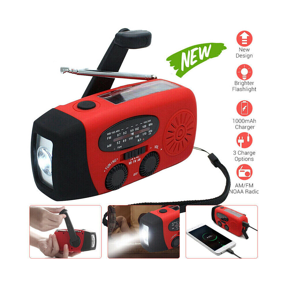 Hand Crank Dynamo Wind Up Solar Portable AM FM Radio USB Charger Light Torch Red