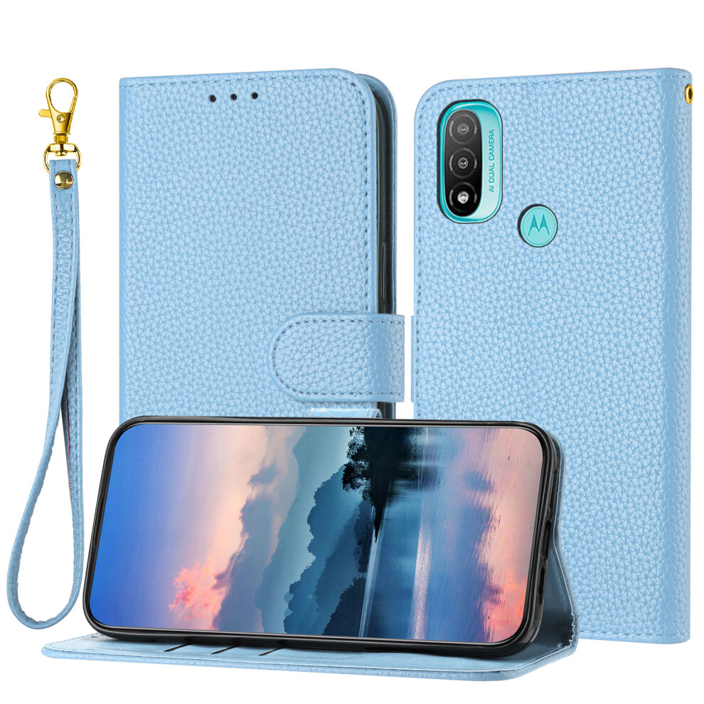 (For Moto E20 E30 E40, Blue) For Moto Case, Litchi Grain PU Leather Folio Cover Magnetic Closure Flip Wallet Card Slots Stand Case With Hand Strap