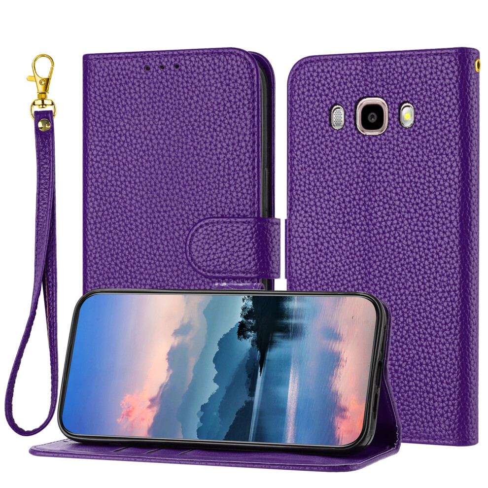 (For Samsung Galaxy J510 /J5 2016, Purple) For Samsung Galaxy Case, Litchi Grain PU Leather Folio Cover Magnetic Closure Flip Wallet Card Slots Stand