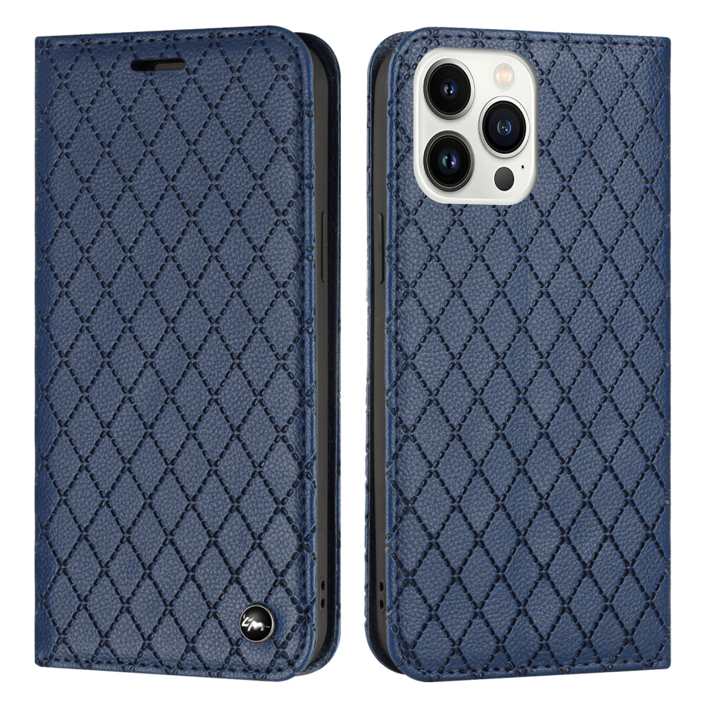 (For Iphone 13Pro, ) For Iphone Case, Pu Leather Flip Cover Magnetic Closure Wallet Card Slots Stand Case Lattice Design Blue 854478320685